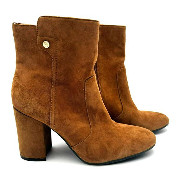 TOMMY HILFIGER Women's 8.5 Brown Suede Leather Chunky Block Heel Ankle Boots 90s - Picture 1 of 11